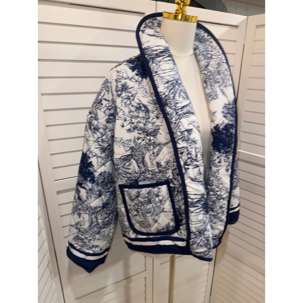 Unbranded Toile de Jouy Quilted Puffer Jacket Womens Blue White Small - Picture 3 of 8